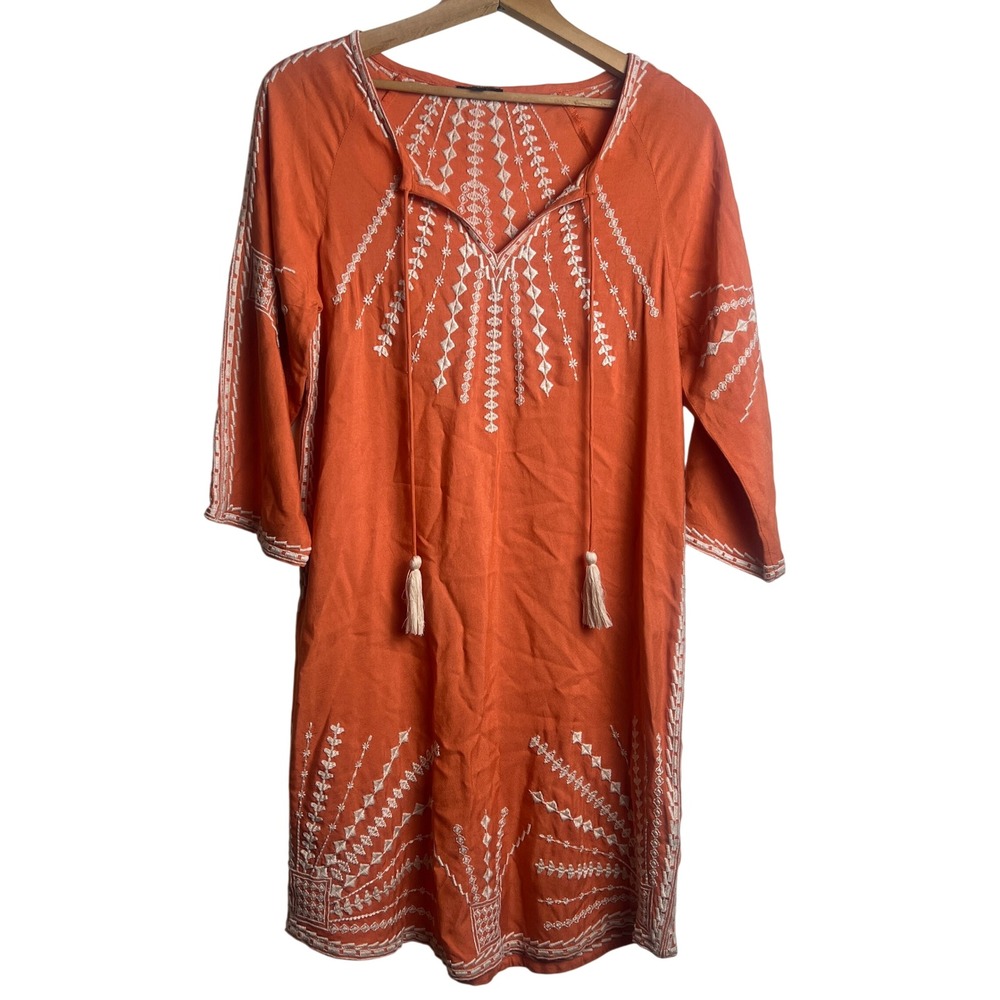 Tolani Orange Embroidered Boho Tassel Tunic Mini Dress XS
